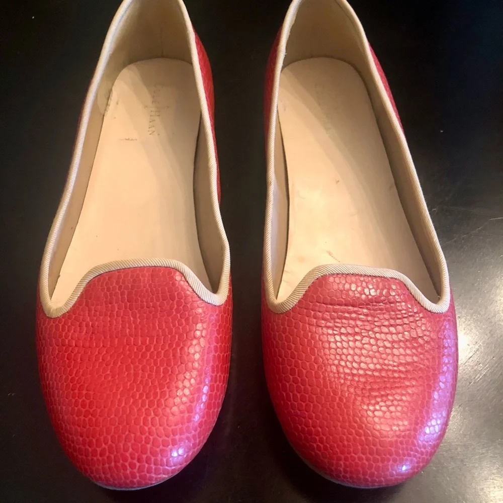 Cole Haan Orange Textured Leather Slip-On Flats with Khaki Trim - Picture 2 of 5